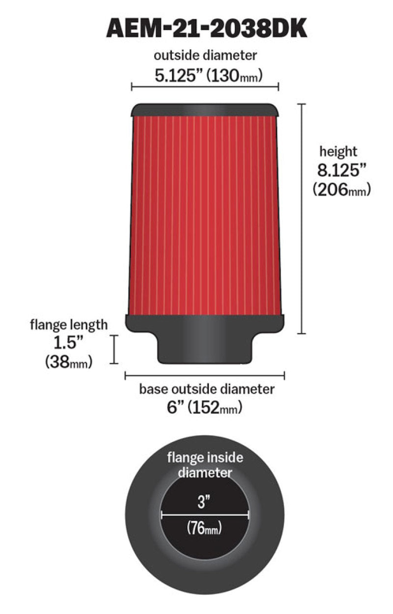 AEM 3 inch Short Neck 8 inch Element Filter Replacement